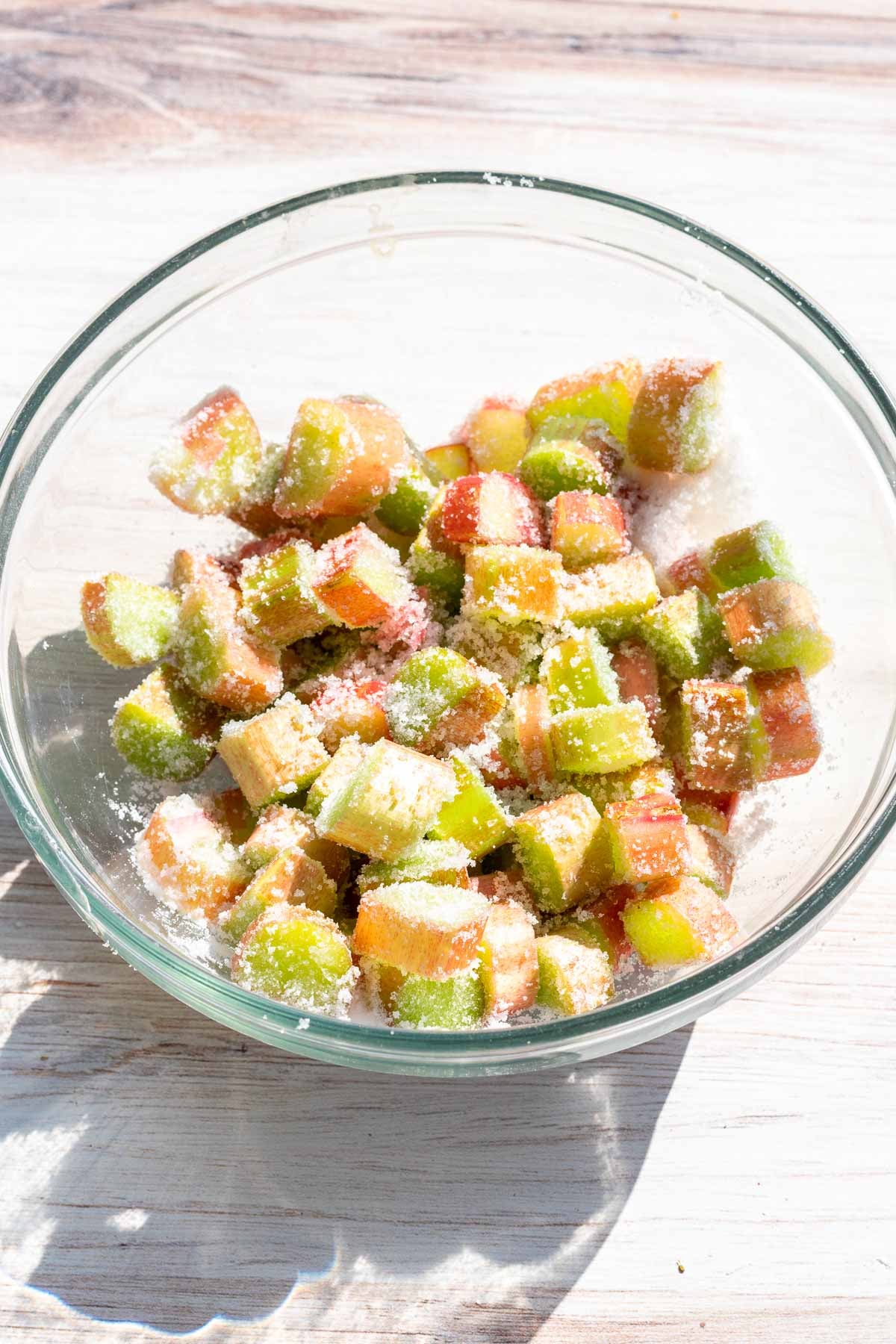 Rhubarb and sugar in a bowl