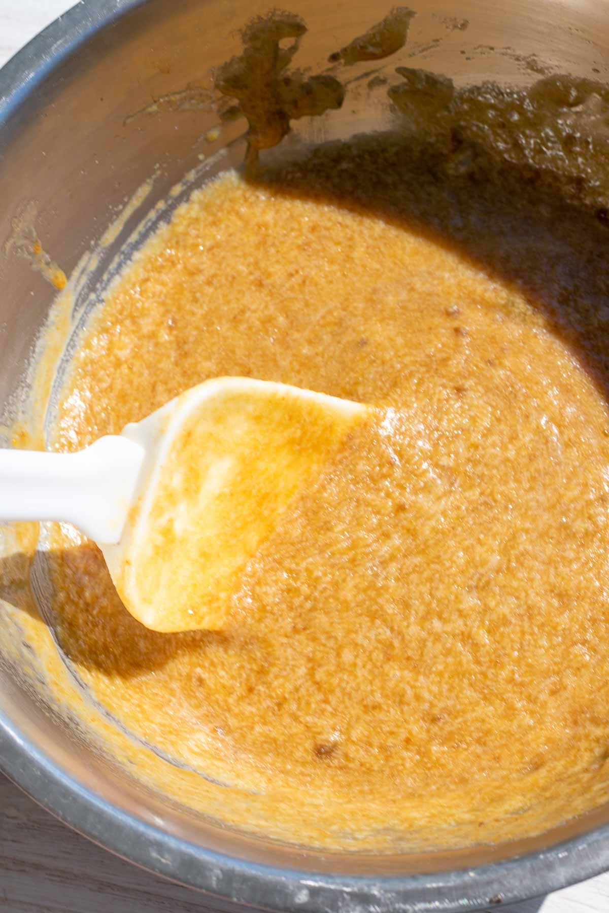 Mixed wet ingredients in mixing bowl