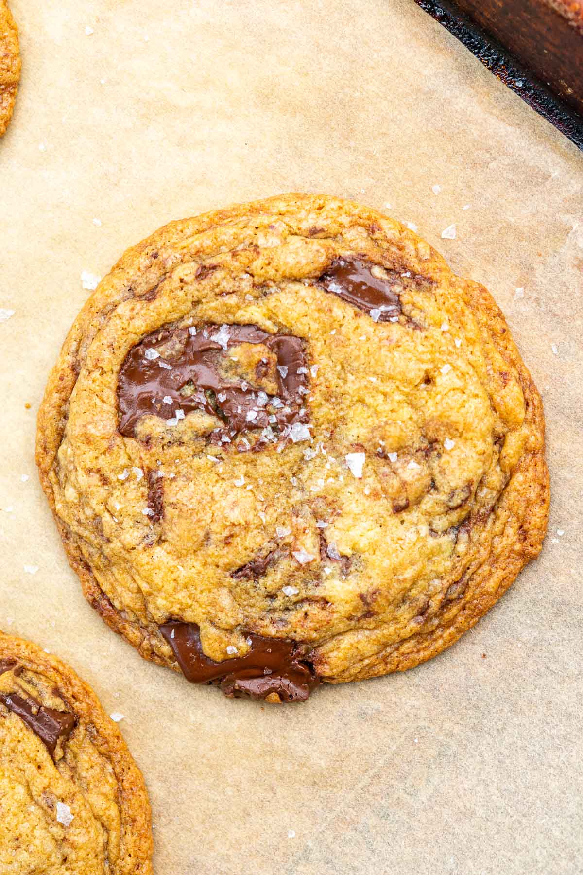 A sourdough discard chocolate chip cookie with flaky salt