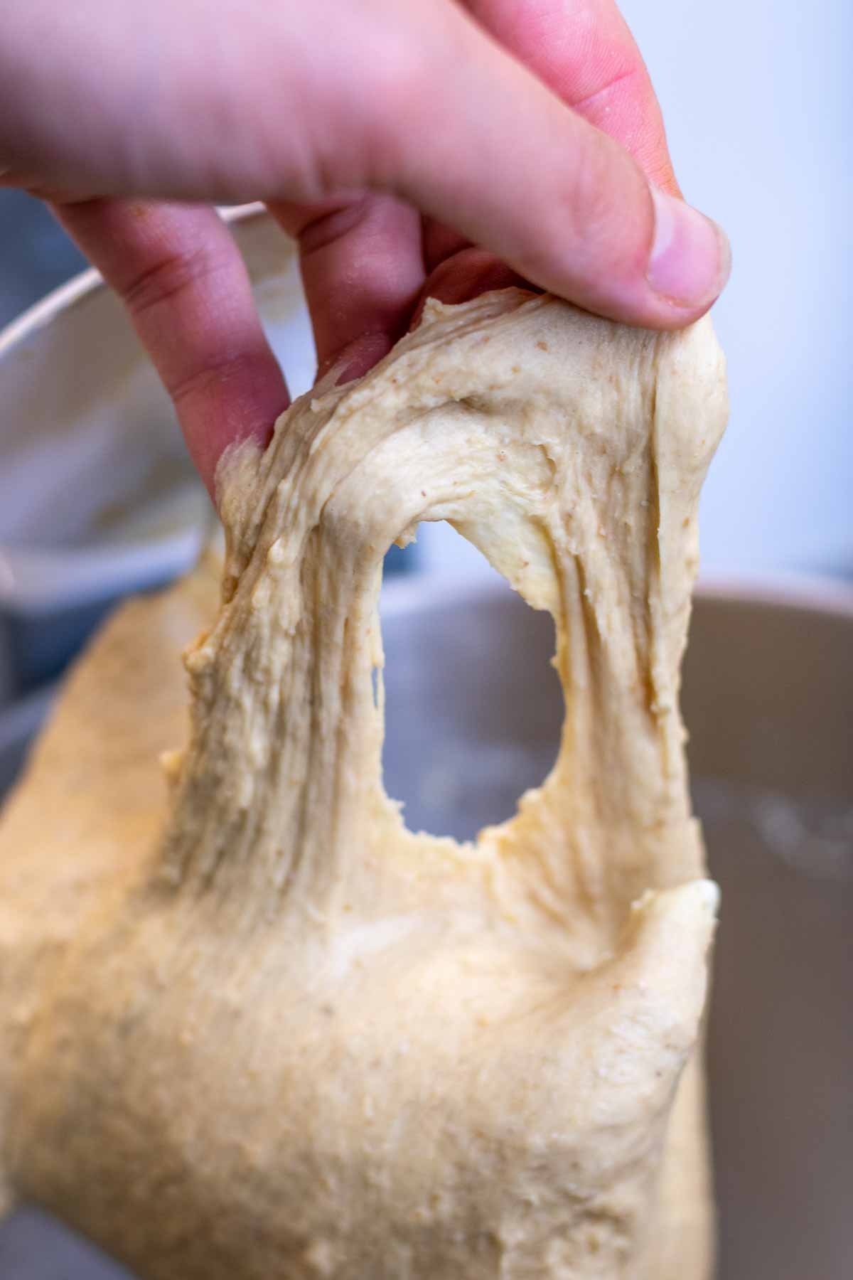 Hand pulling a piece of bagel dough tearing.