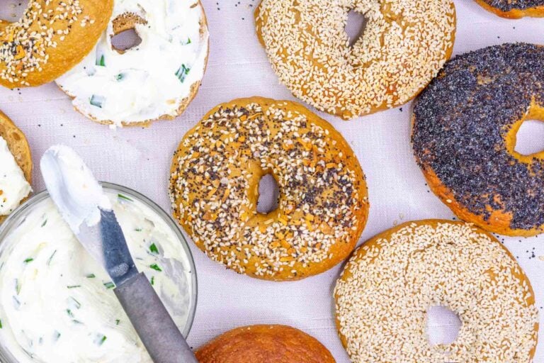 Many sourdough bagels with different toppings and cream cheese