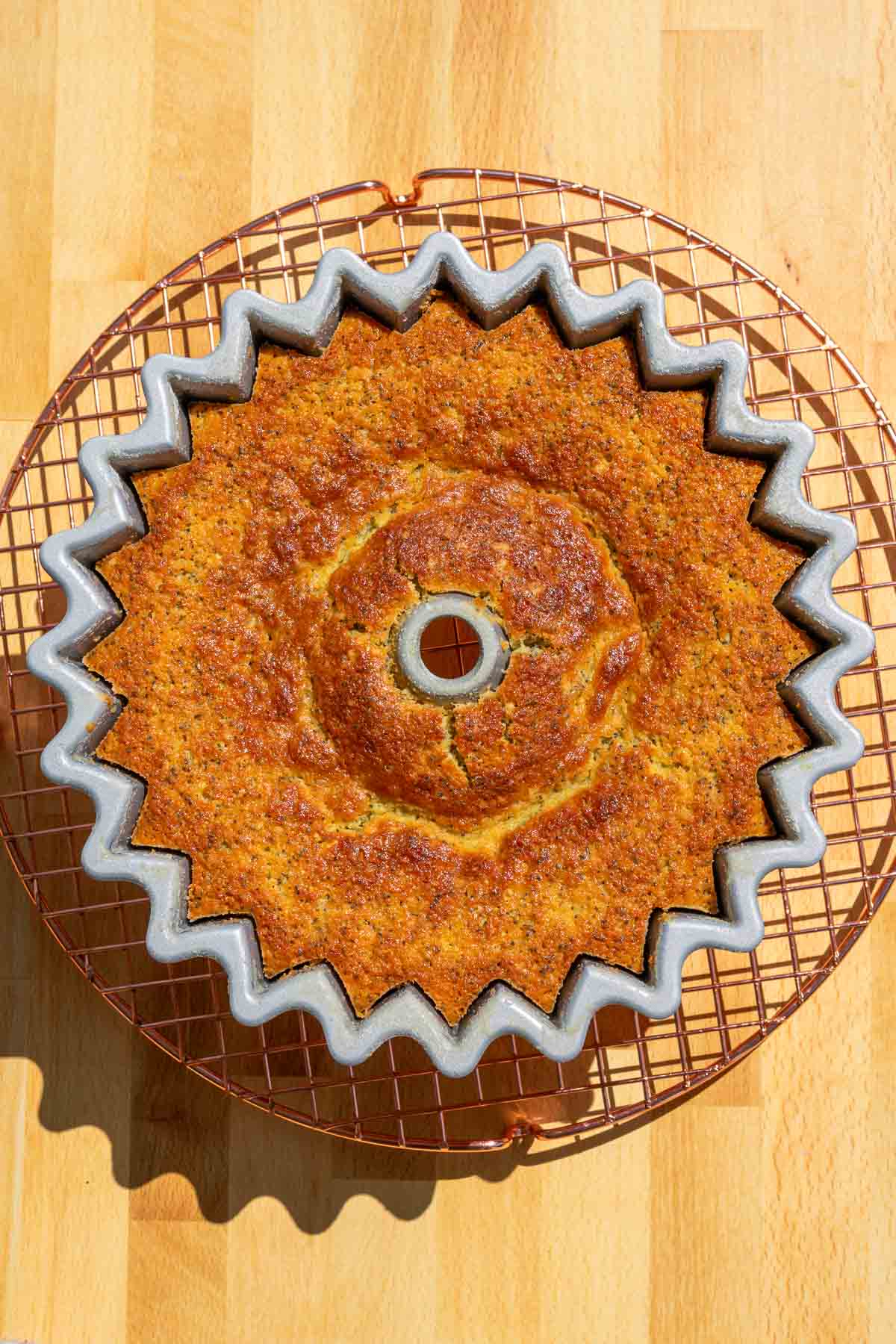 Baked sourdough lemon poppy seed bundt cake in pan on a copper cooling rack