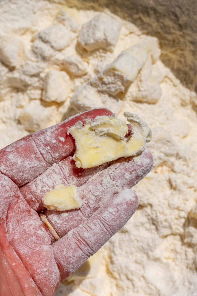 Hand holding smashed pieces of butter