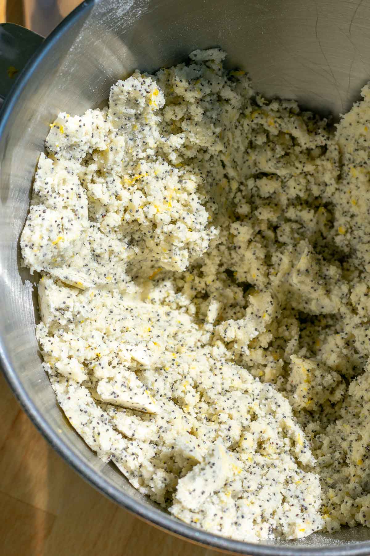 Mixed butter and dry ingredients in bowl of stand mixer using the reverse-creaming method