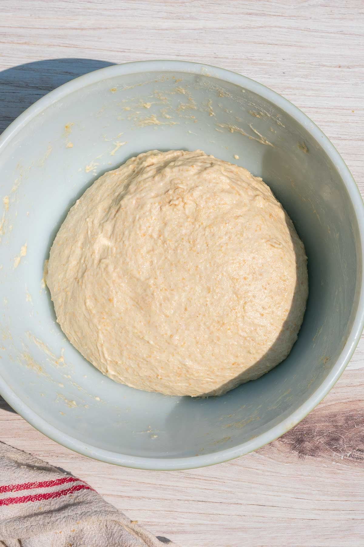 Beginner's Einkorn sourdough dough in bowl at the start of bulk fermentation