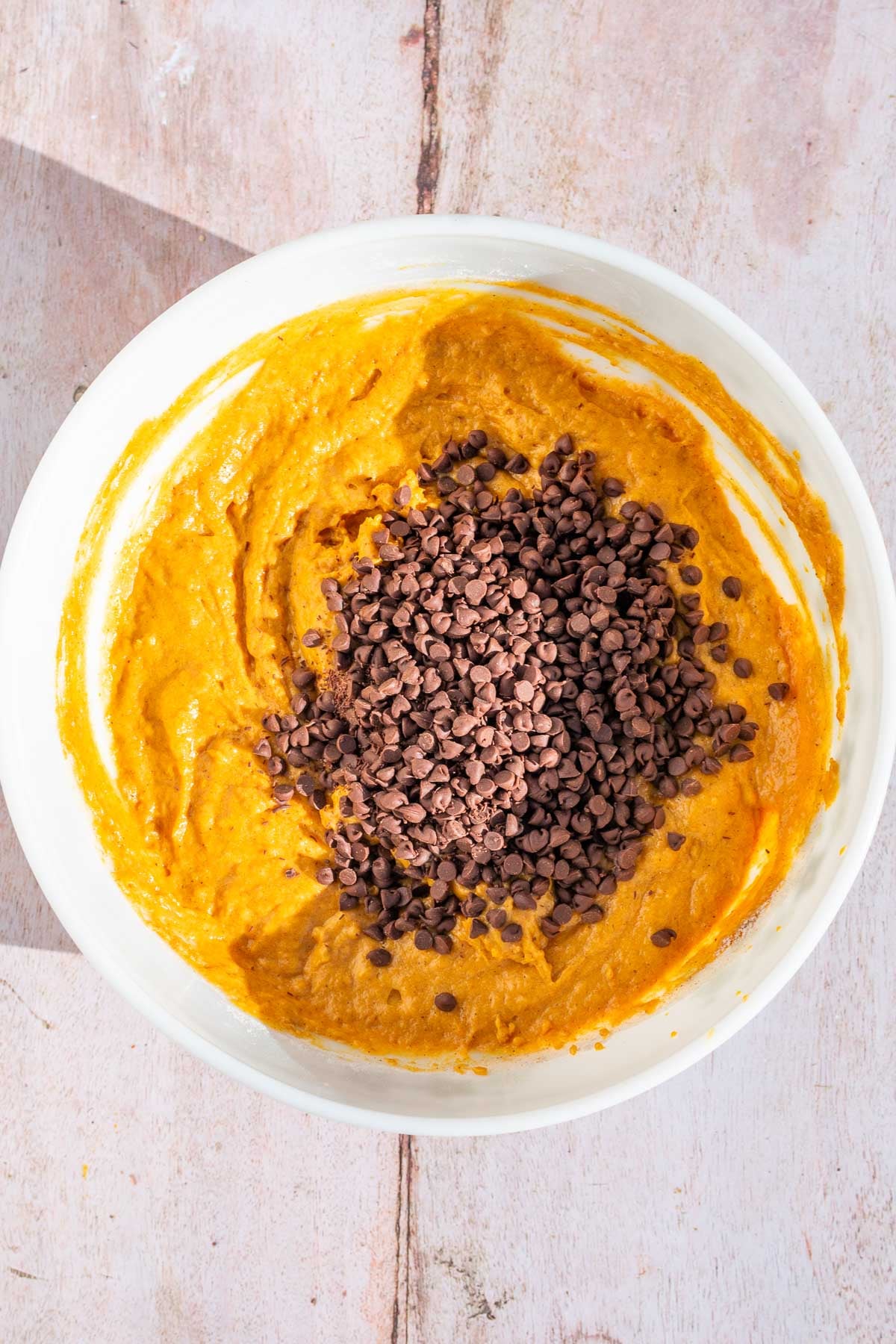 Bowl of sourdough pumpkin bread batter with chocolate chips on top before folding in.