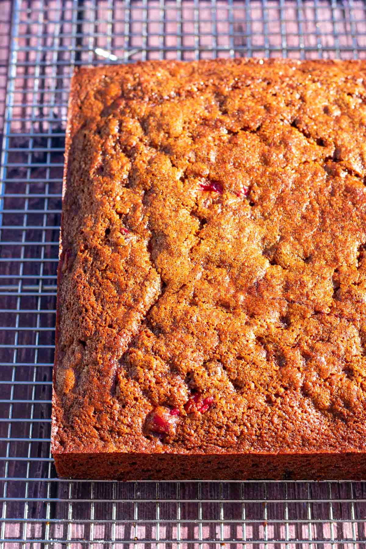 Baked sourdough gingerbread cake on a wire rack.