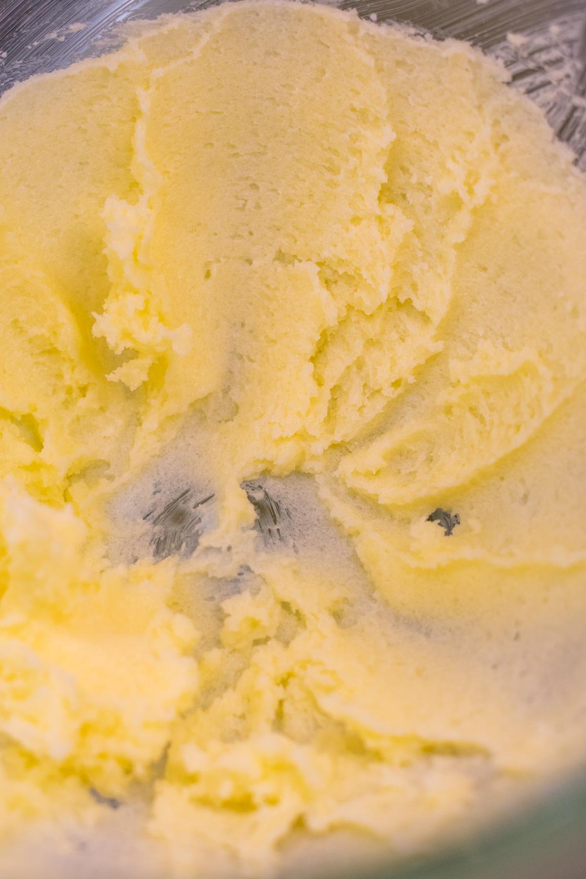 Creamed butter and sugar in the bowl of a stand mixer.