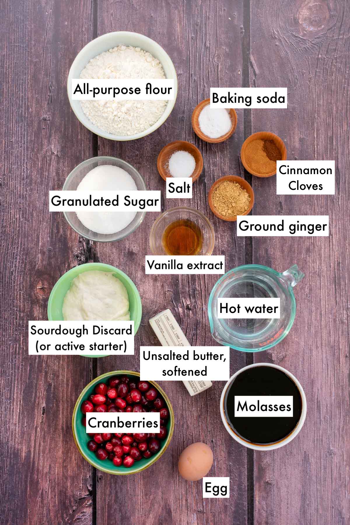 Labeled bowls of ingredients needed for sourdough gingerbread cake including all-purpose flour, salt, baking soda, spices, sourdough discard, vanilla extract, molasses, cranberries, egg, butter, and hot water.