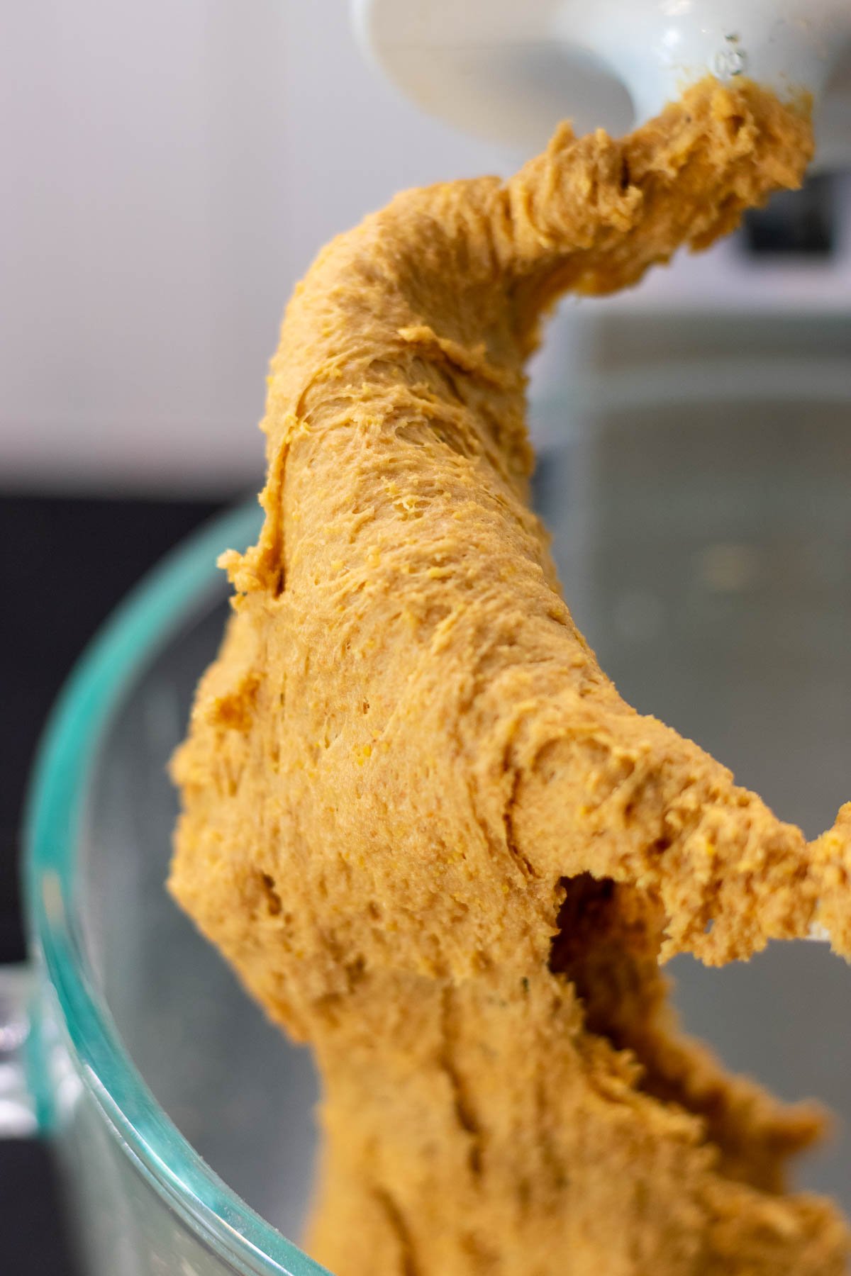Mixed sourdough anadama bread on a dough hook.