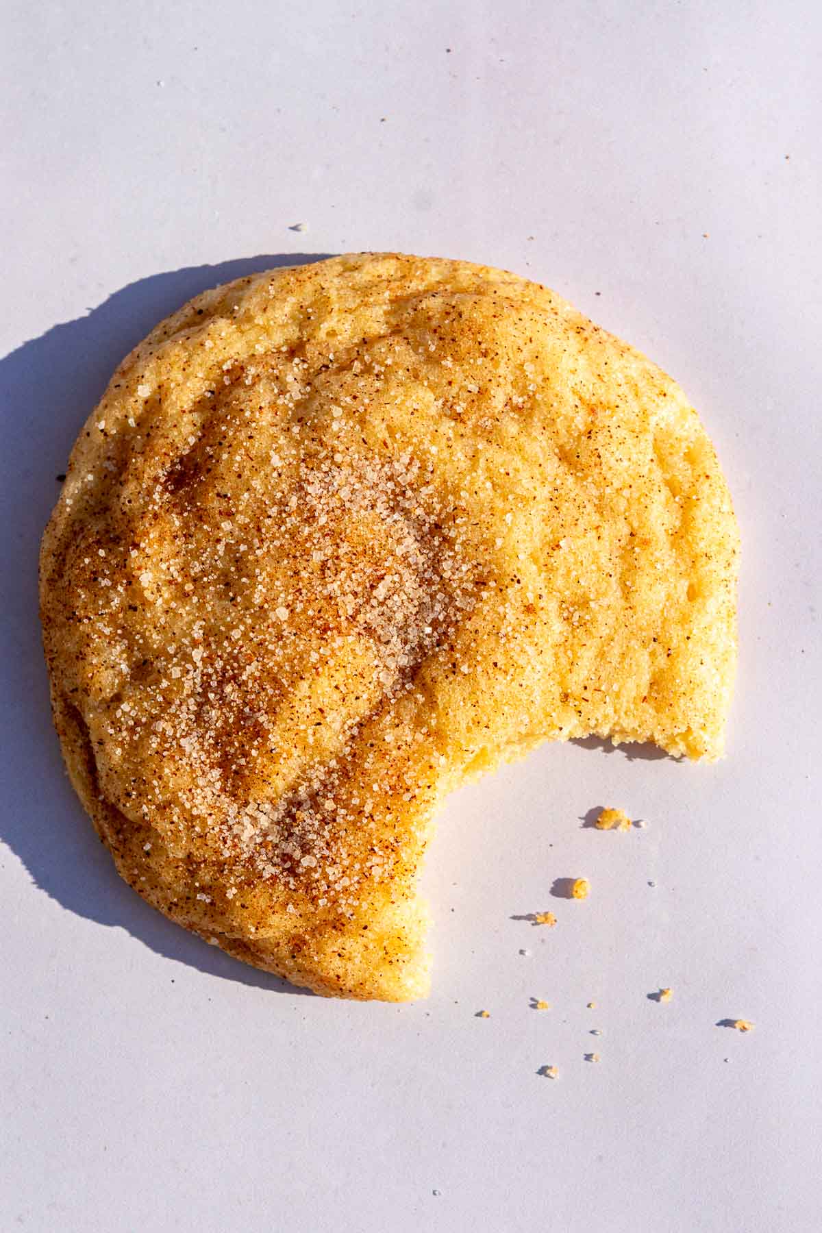 Bite taken out of a sourdough snickerdoodle cookie.