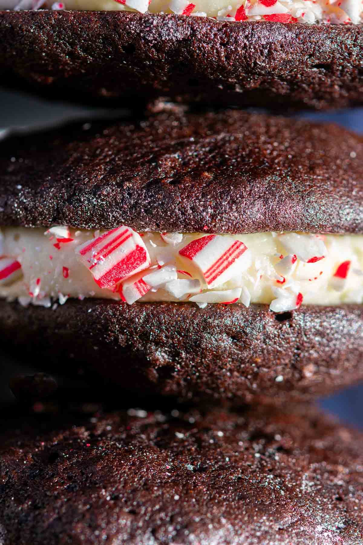 Close up of a sourdough chocolate peppermint whoopie pie.