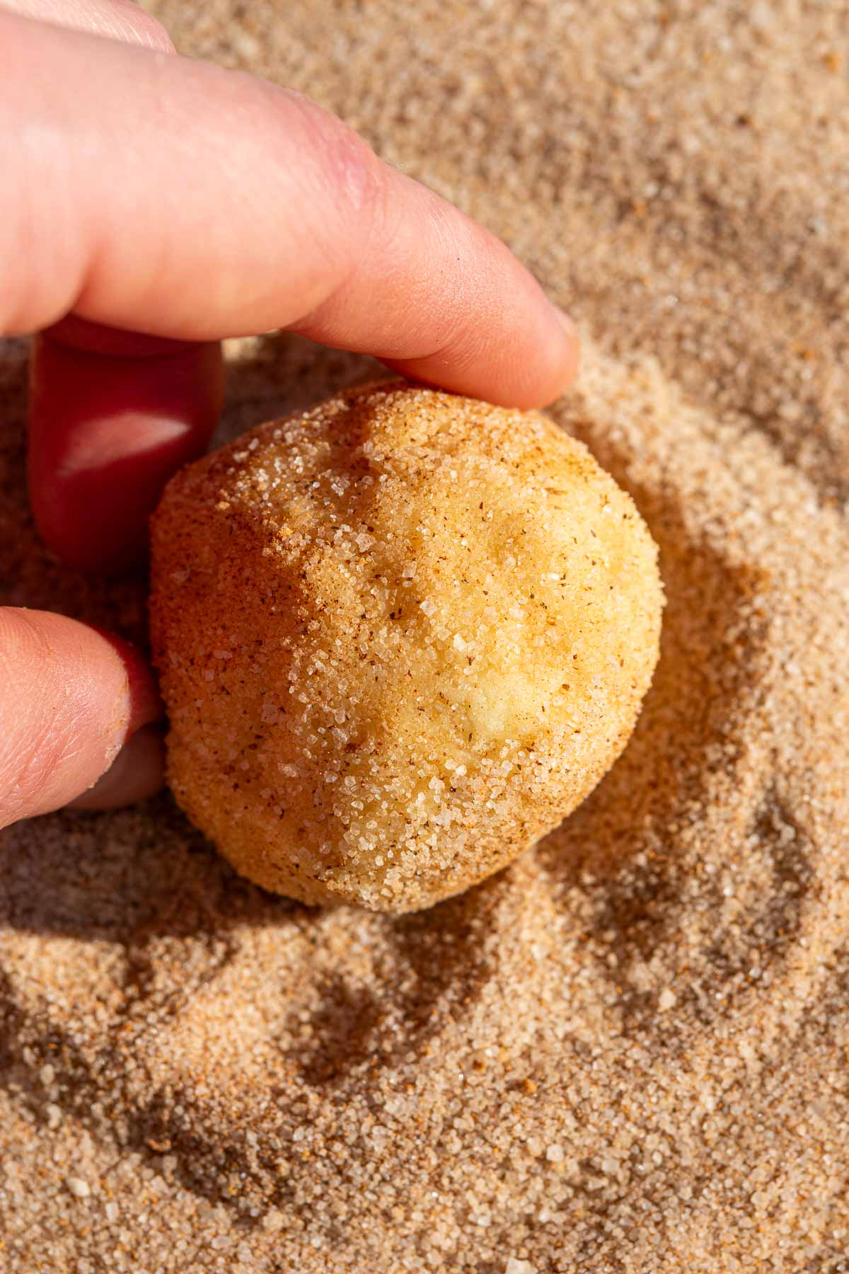 Hand rolling a sourdough snickerdoodle ball in cinnamon sugar.