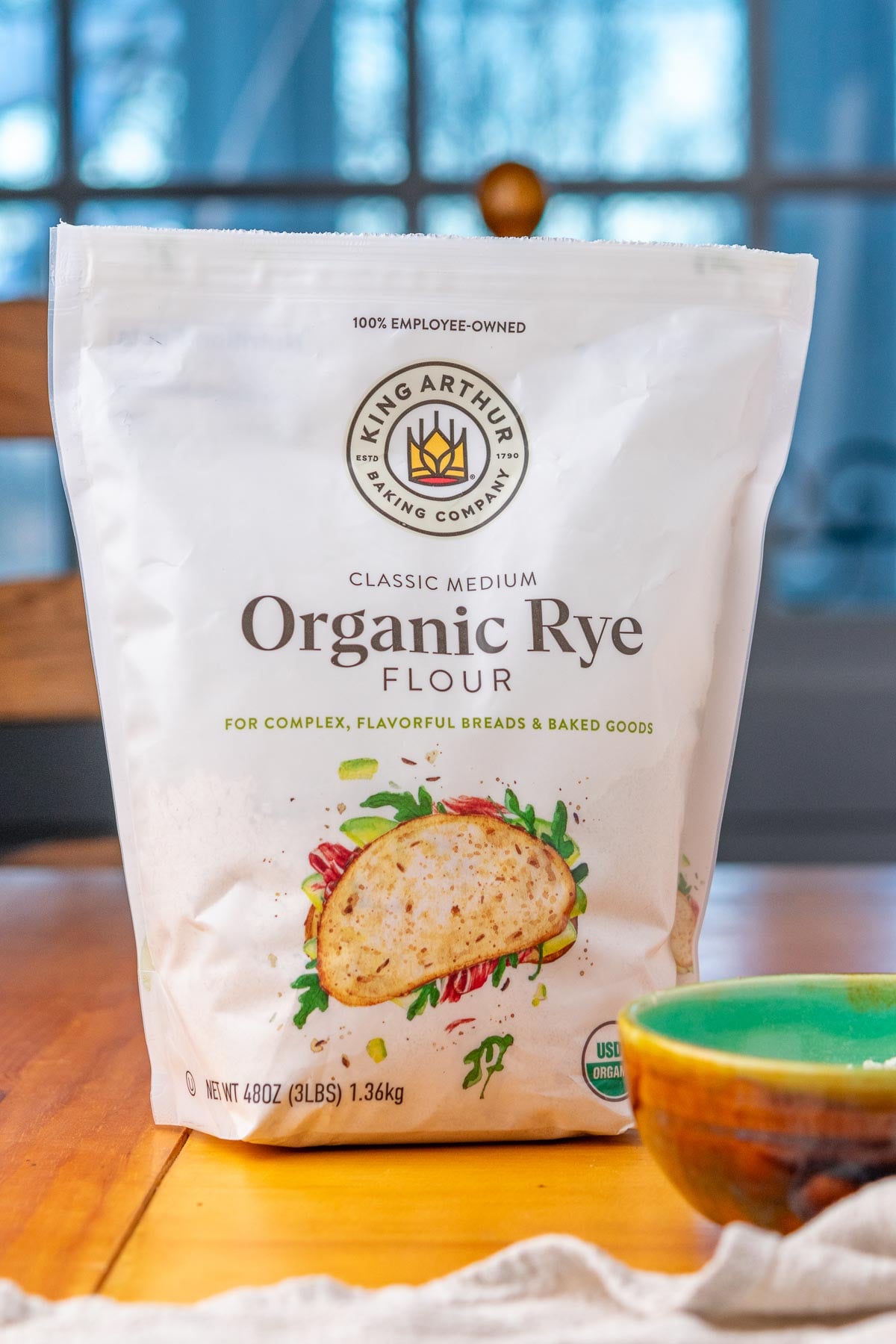 Bag of King Arthur Organic Rye Flour.