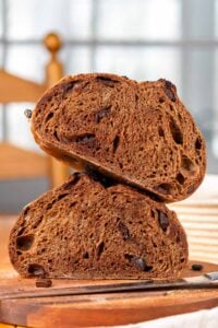 Chocolate coffee sourdough bread baked and stacked on top of each other.