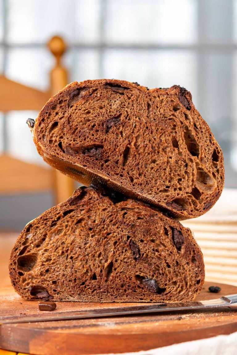 Chocolate coffee sourdough bread baked and stacked on top of each other.