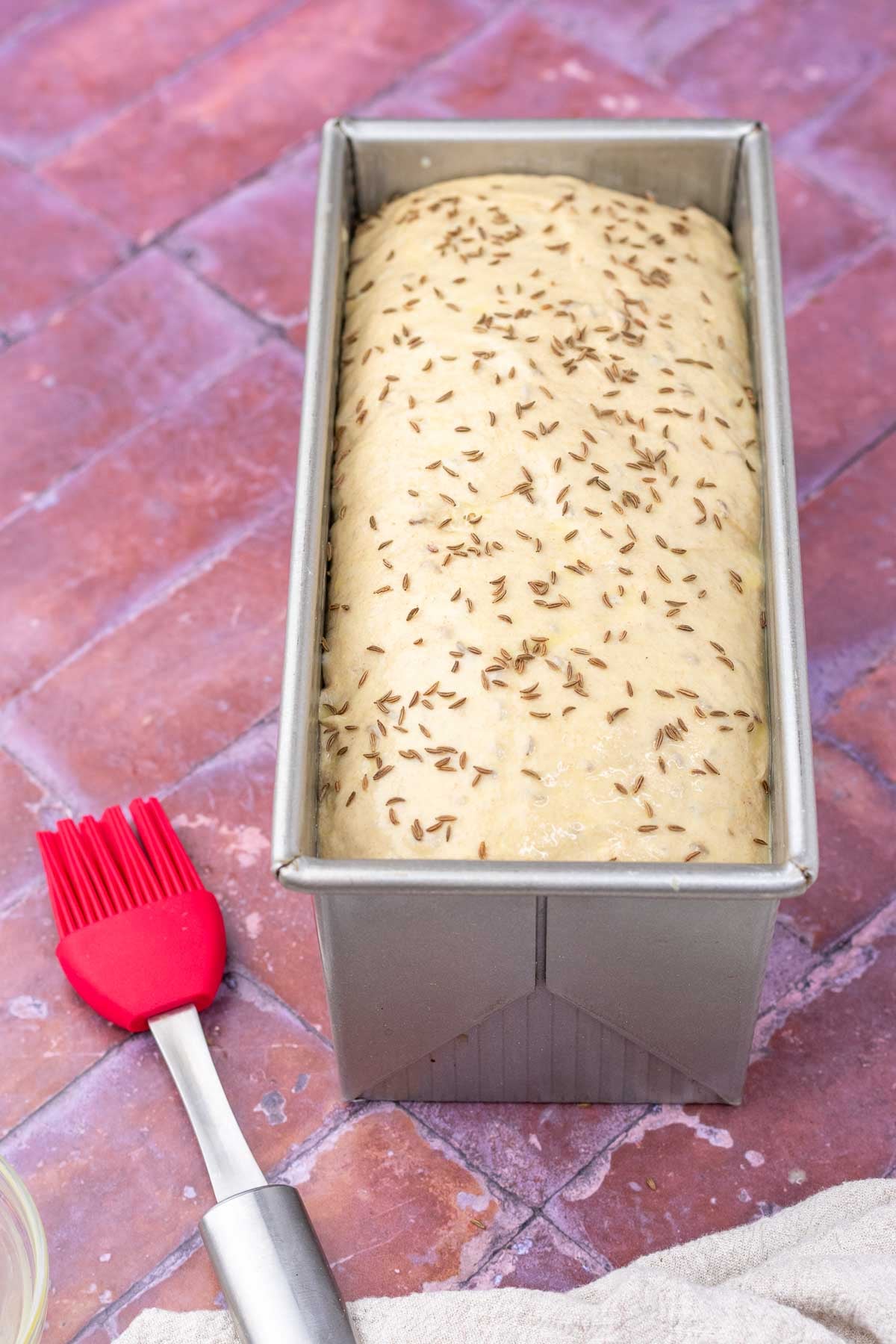Egg wash and caraway seeds added to the top of sourdough rye sandwich bread in pullman pan just before baking.