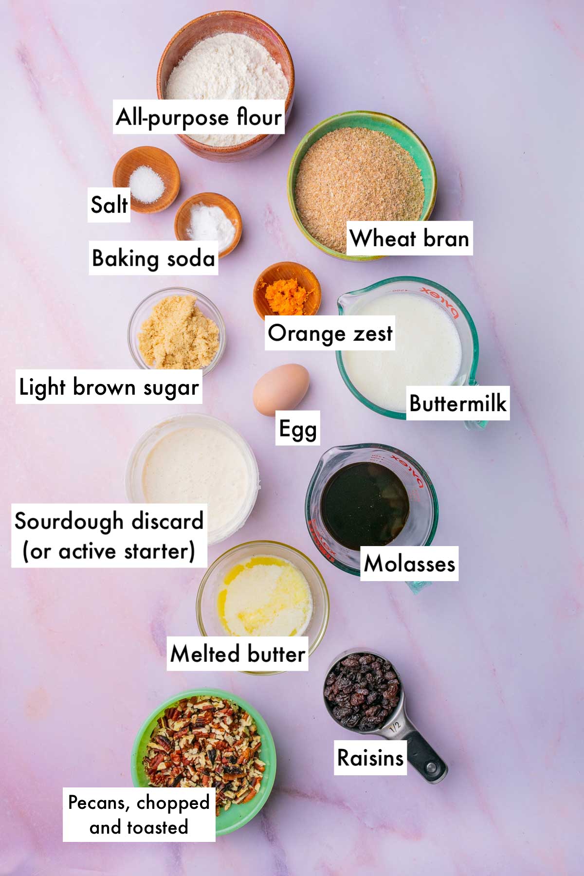 Labeled bowl of ingredients needed for sourdough bran muffins including all-purpose flour, wheat bran, salt, baking soda, molasses, orange zest, raisins, pecans, sourdough discard, melted butter, light brown sugar, buttermilk, and an egg.