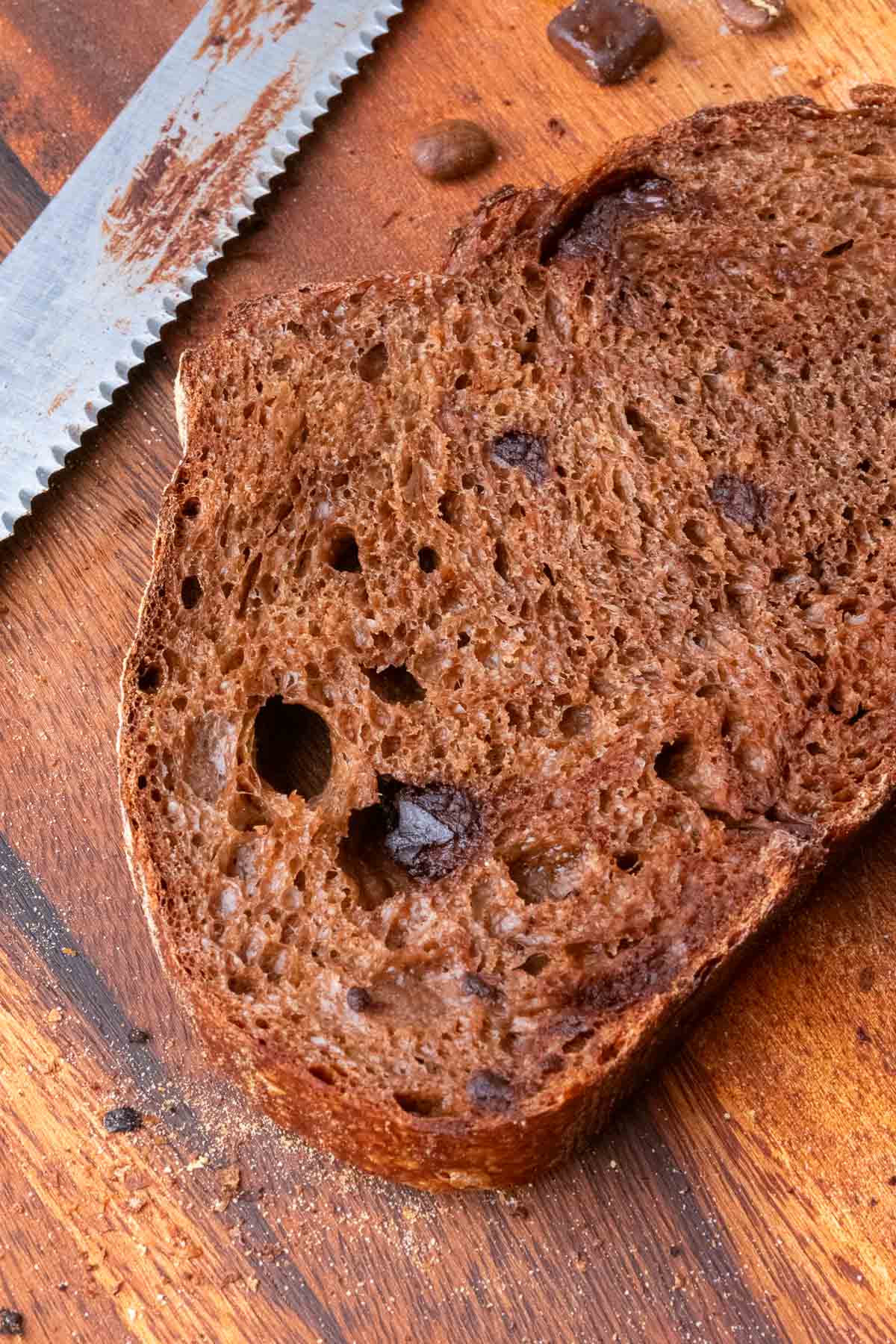 Slice of chocolate coffee sourdough bread.
