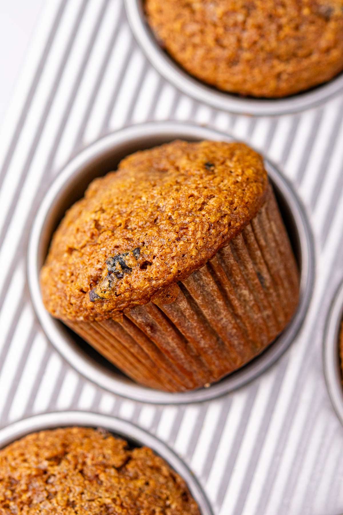 Sourdough bran muffin in a muffin pan.