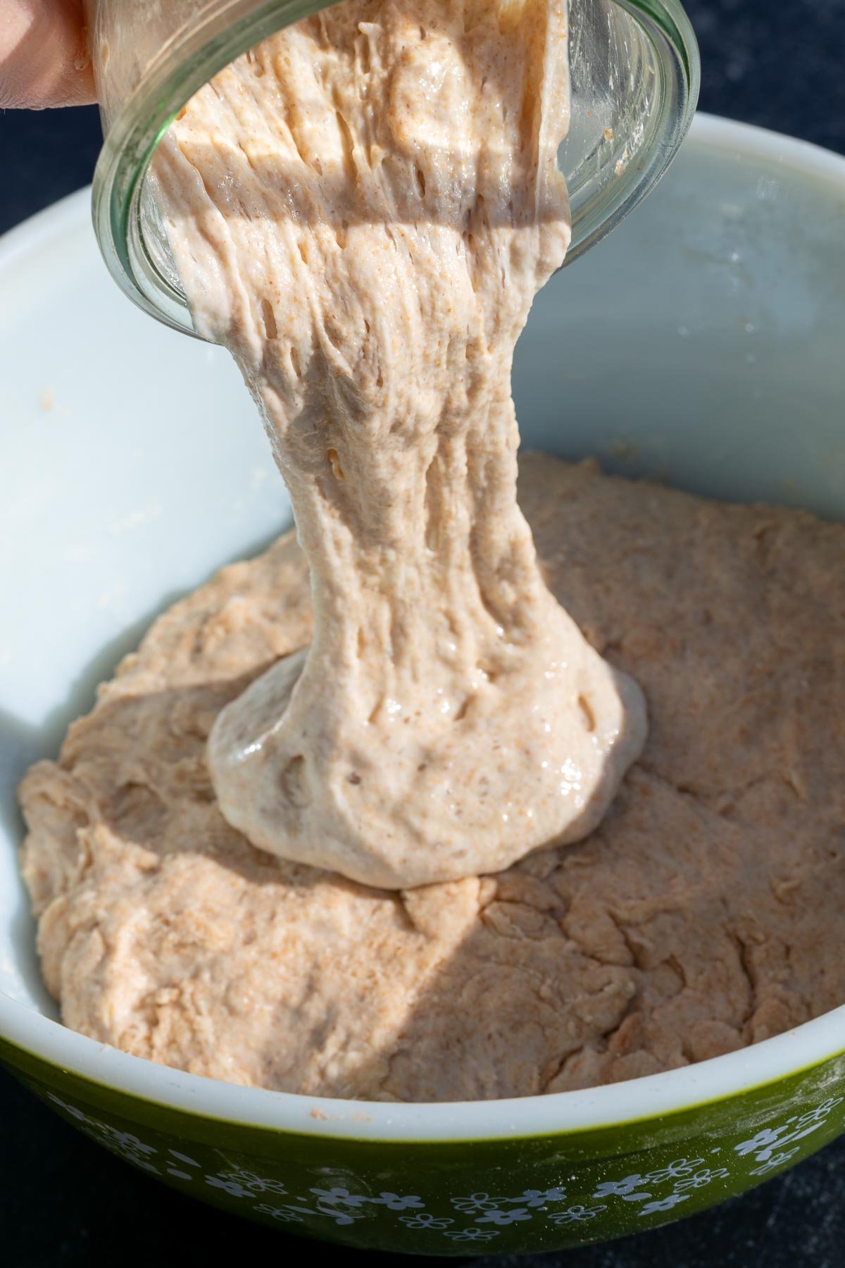 Pouring emmer levain into dough in a bowl.