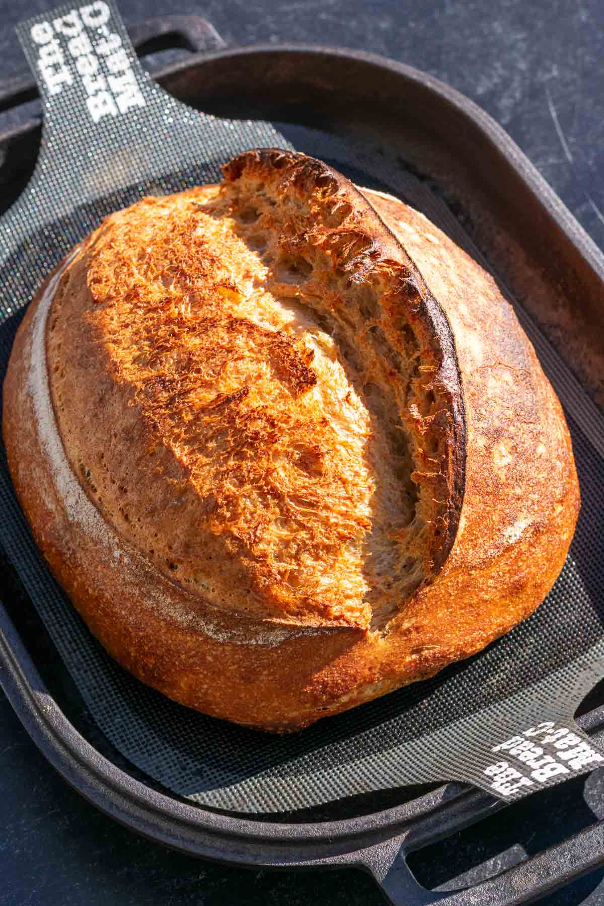 Baked emmer sourdough bread in Challenger Bread Pan.