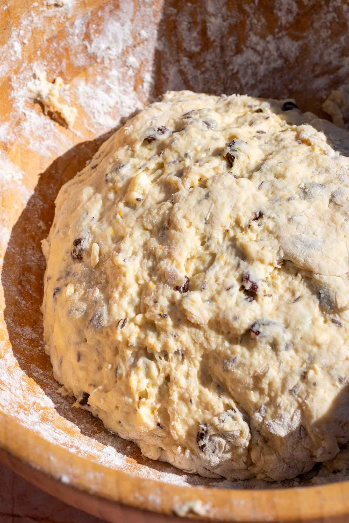 Mixed Sourdough Irish soda bread dough in a bowl.