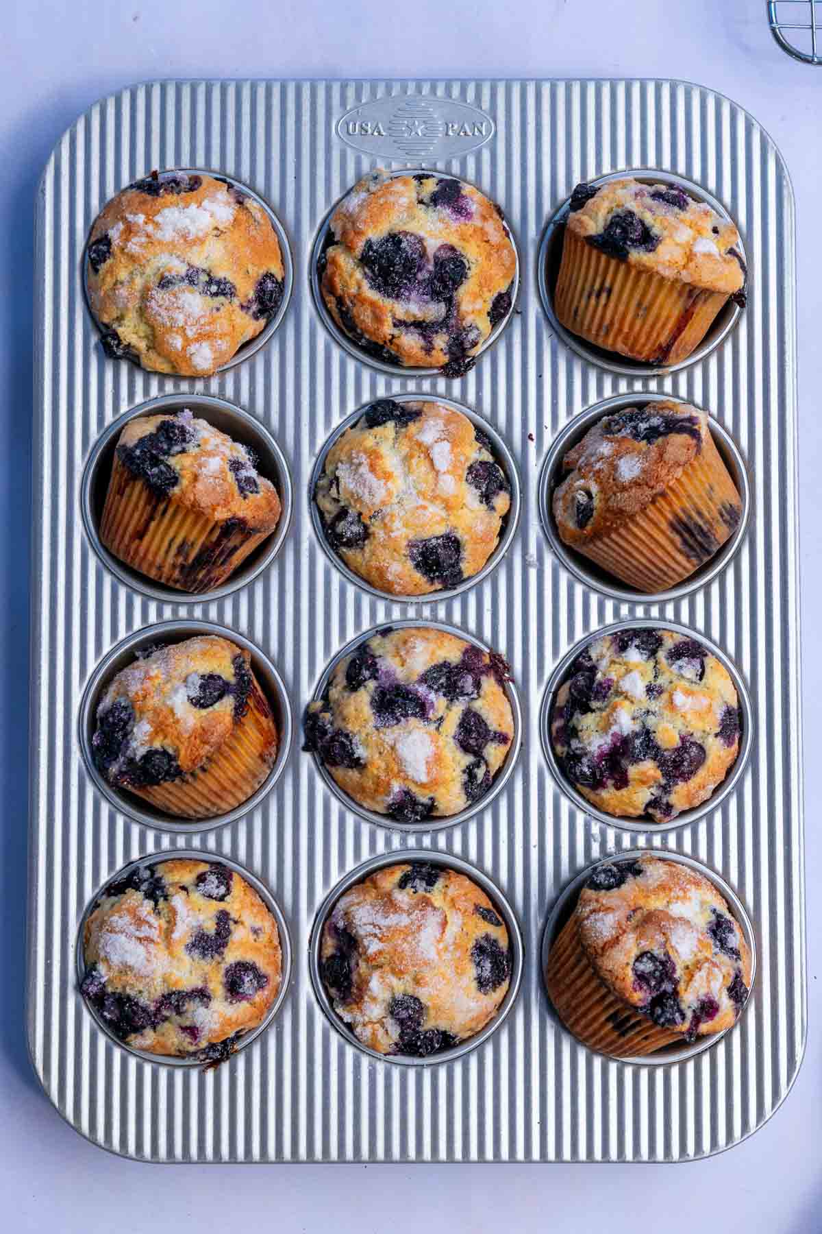 Baked sourdough blueberry muffins in a muffin pan.