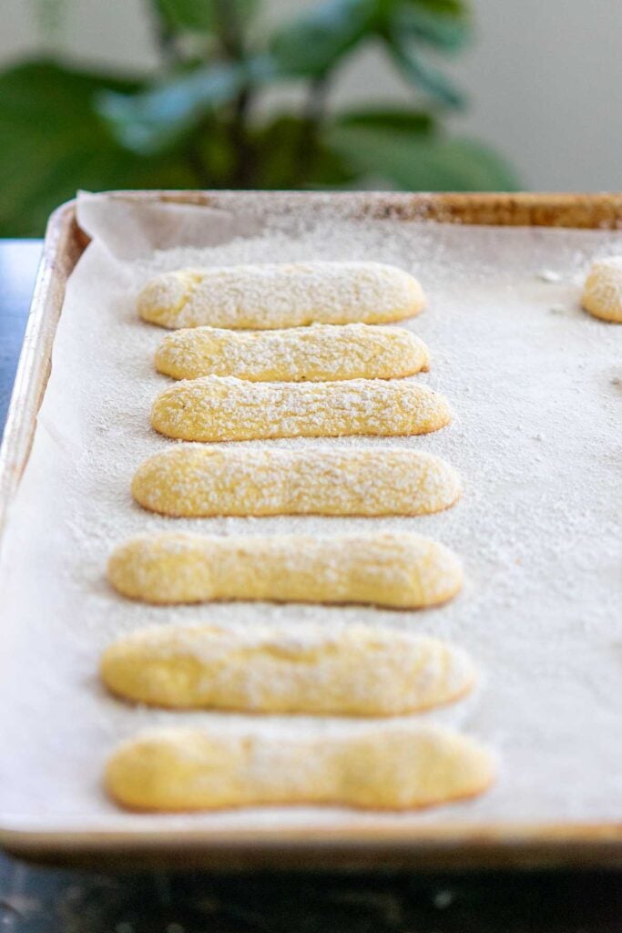 Baked sourdough ladyfingers on a baking sheet.