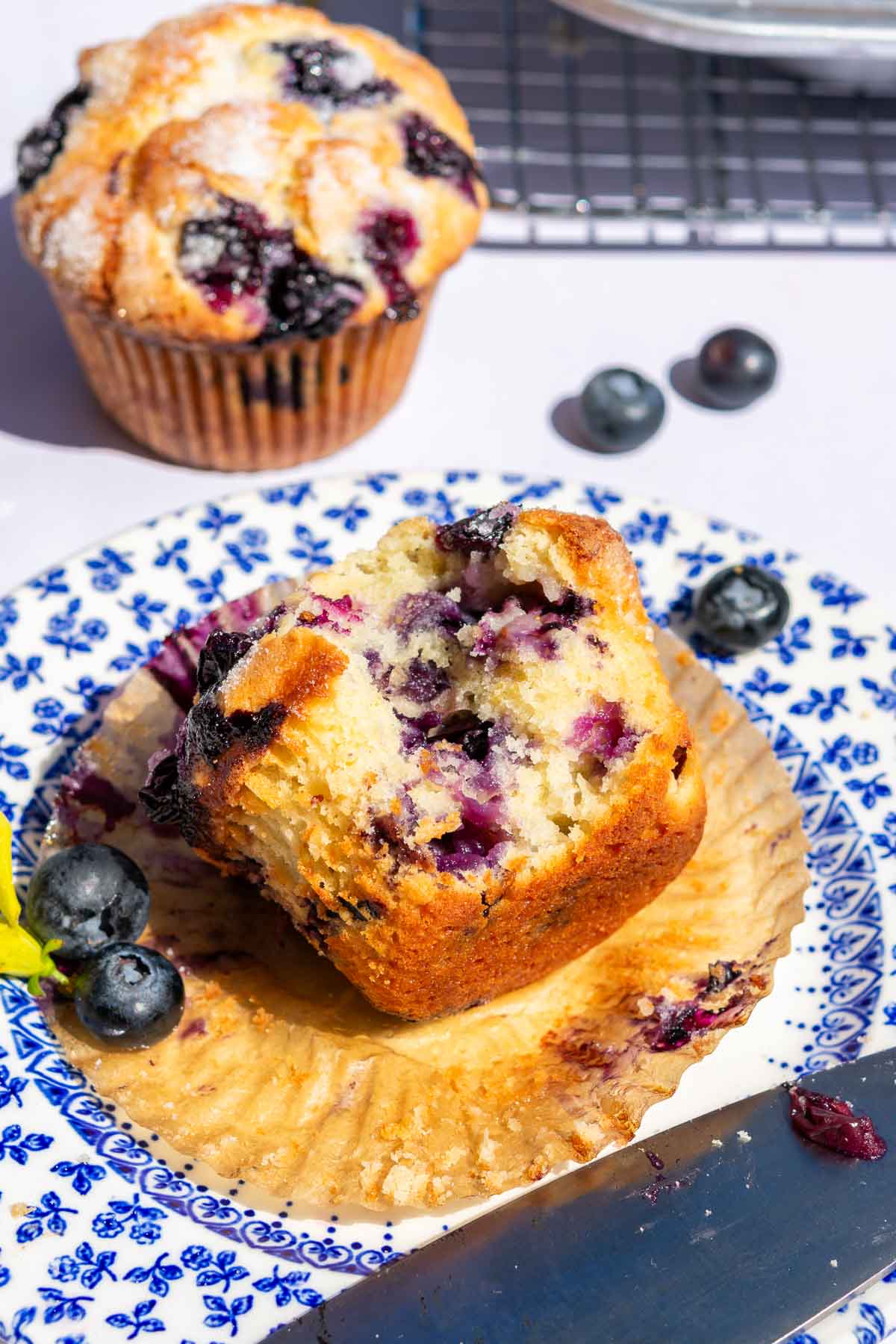 Bite taken out of a sourdough blueberry muffin on a plate with fresh blueberries scattered around and a muffin in the background.