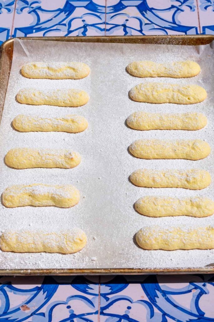 Unbaked sourdough ladyfingers on a naking sheet with parchment paper before baking.