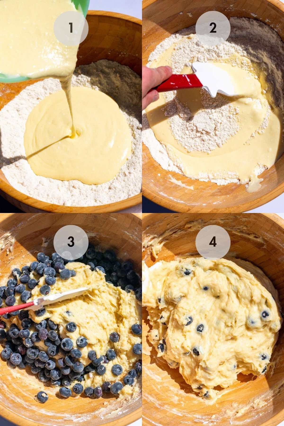 Four images labeled with steps of mixing the blueberry muffin batter, including pouring in the wet ingredients, mixing it with the dry ingredients, and folding in the blueberries.