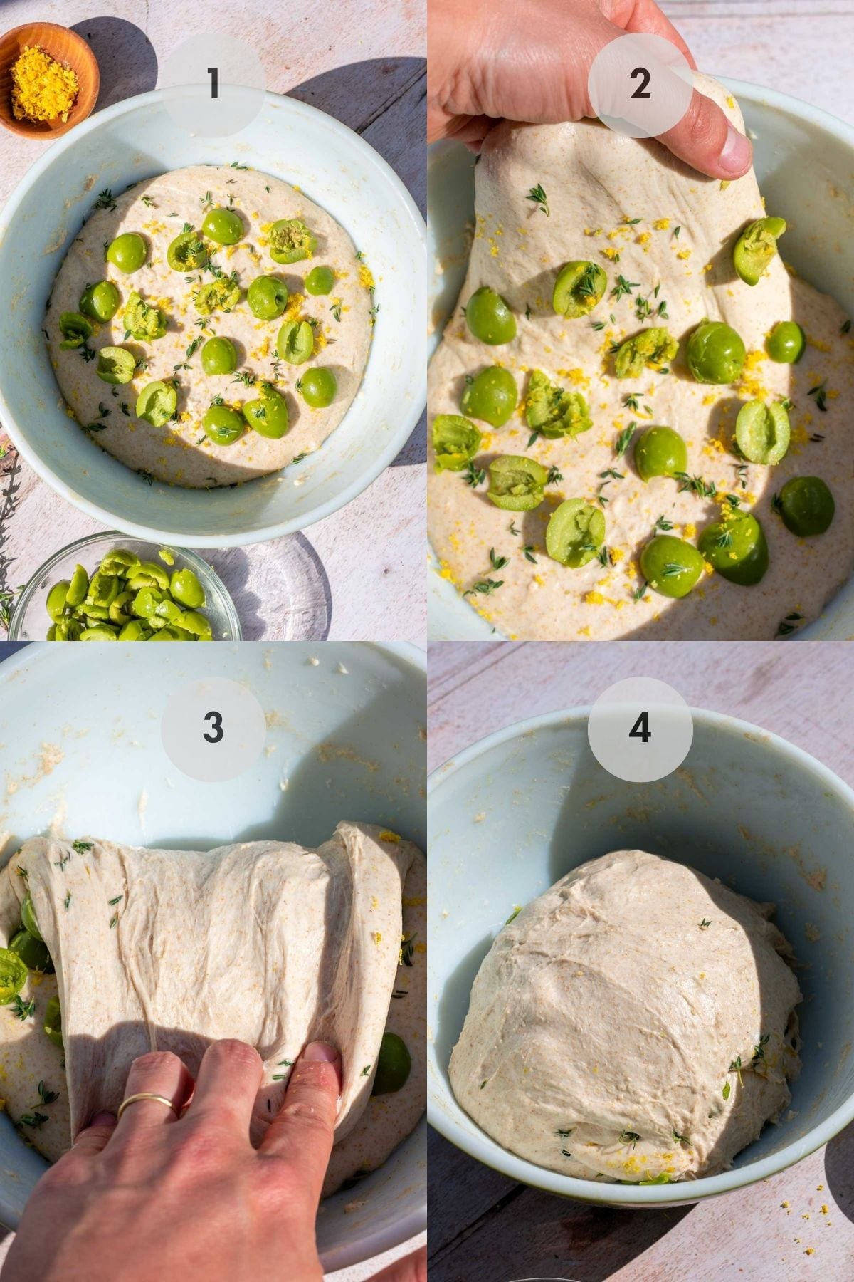 Collage of four steps folding the castelvetrano olives, lemon zest, and thyme into the dough.