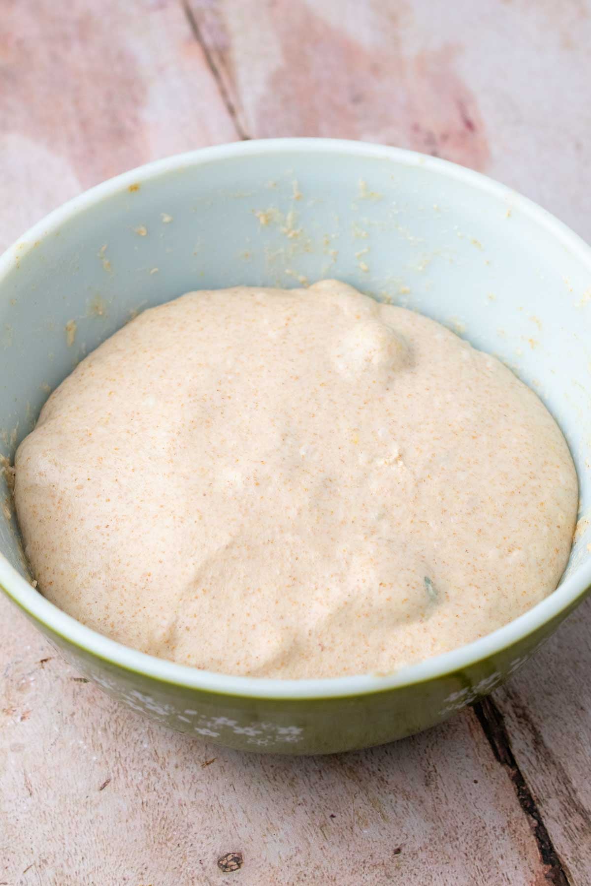 Olive sourdough in bowl at the end of bulk fermentation.