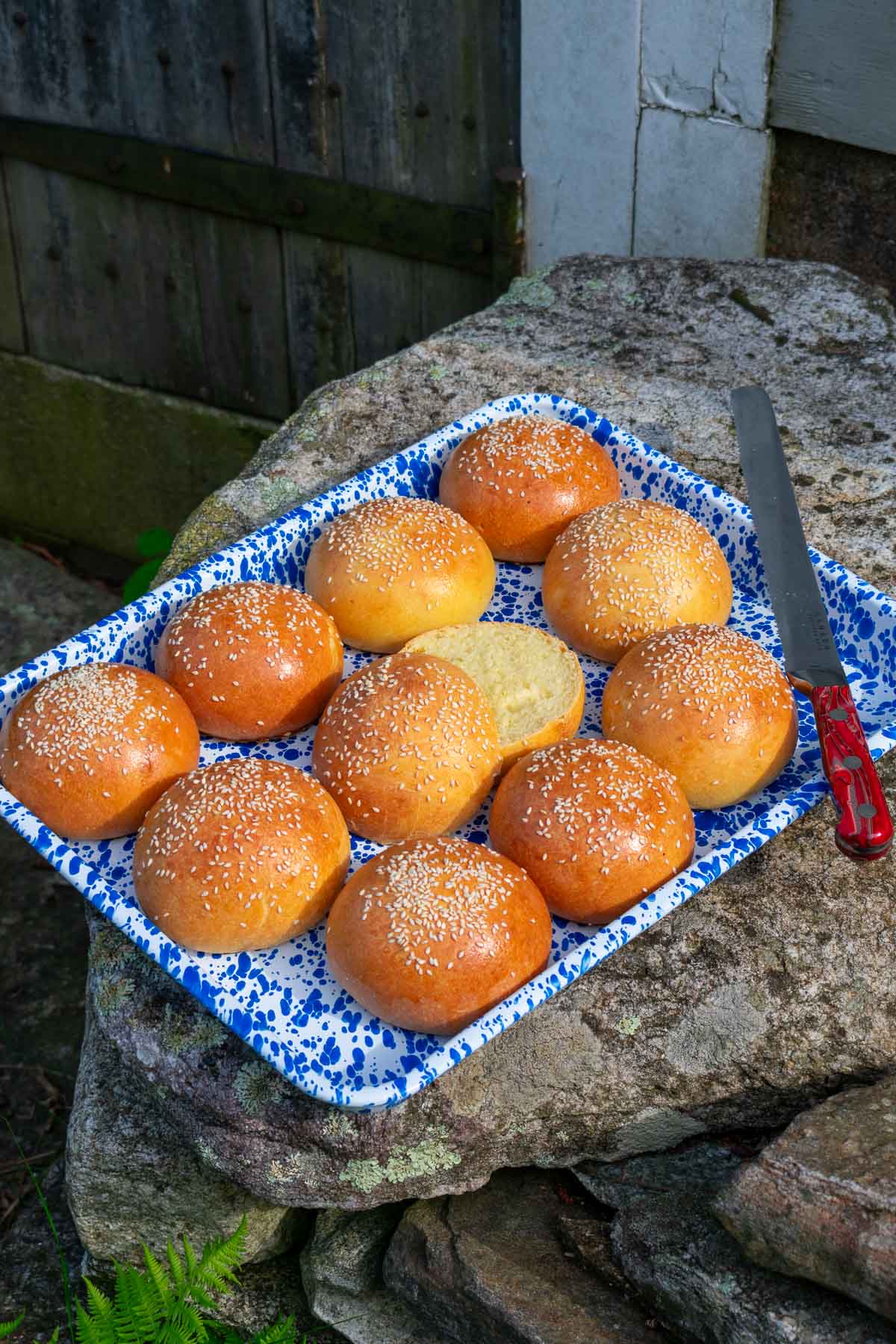 Sourdough brioche hamburger buns on a blue and white splatter enamel platter with a bread knife.