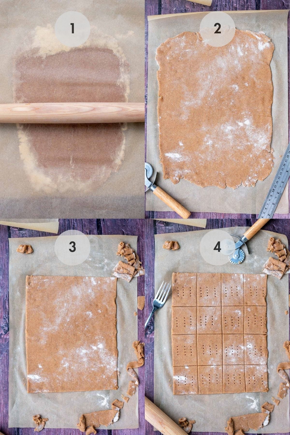 Collage of four images of rolling out the sourdough graham cracker dough with a rolling pin, cutting the edges, and scoring it for baking.