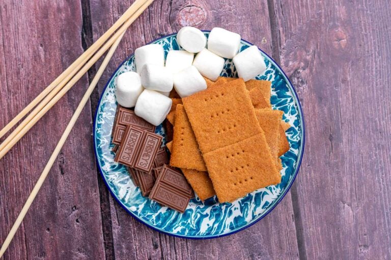 Sourdough graham crackers on an enamelware splatter plate with chocolate and marshmallows for s'mores and campfire sticks.