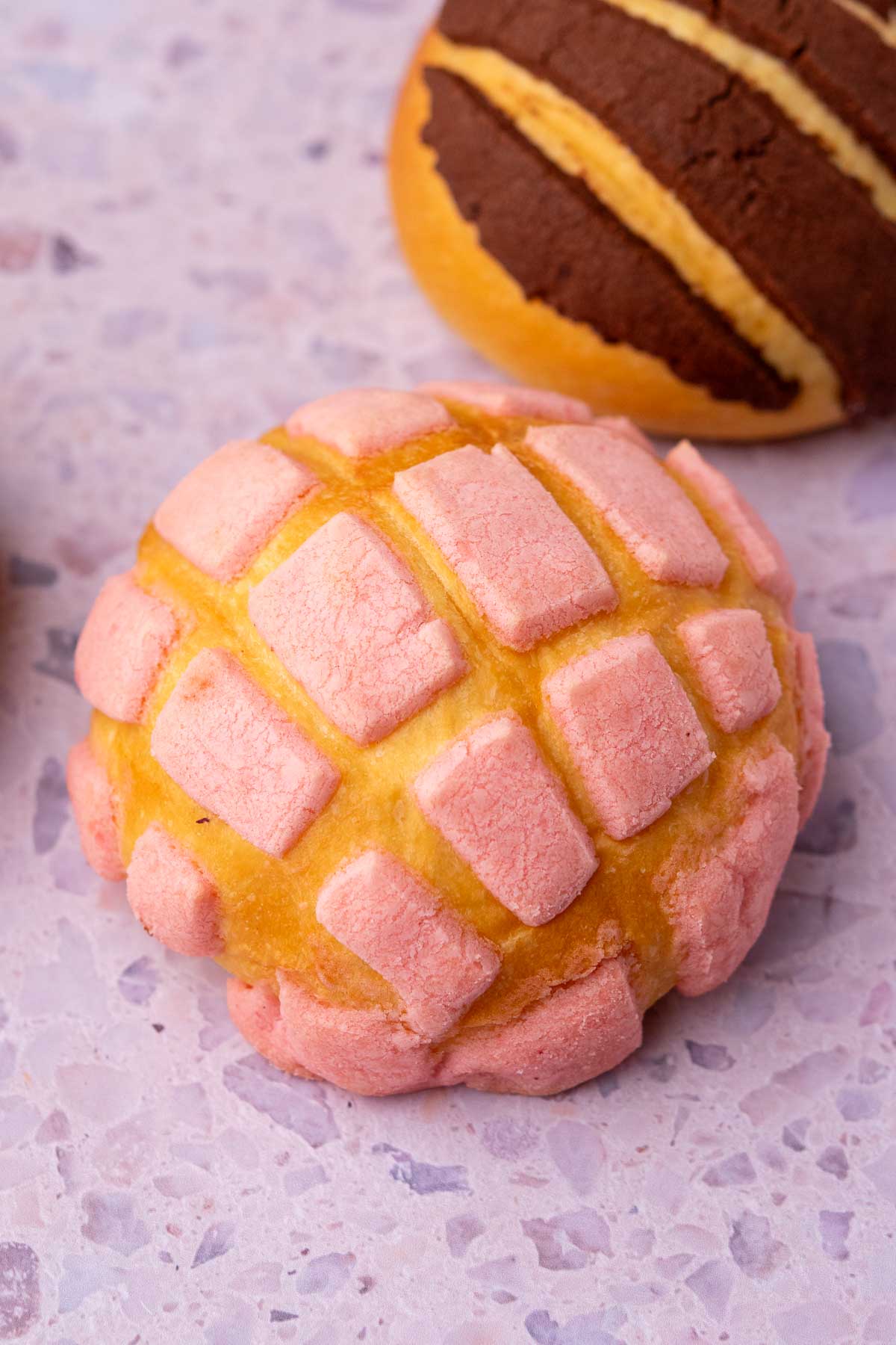 Baked sourdough concha with a criss-cross pattern.