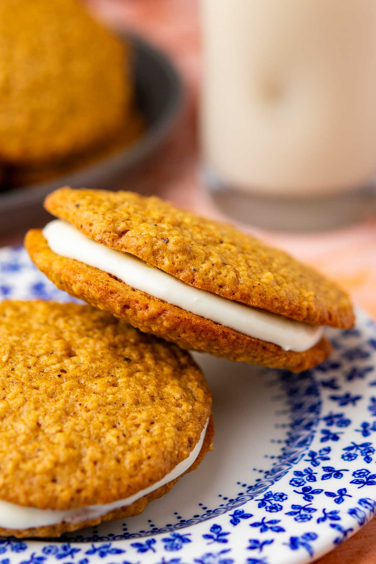 Close up of a sourdough oatmeal cream pie on a plate.