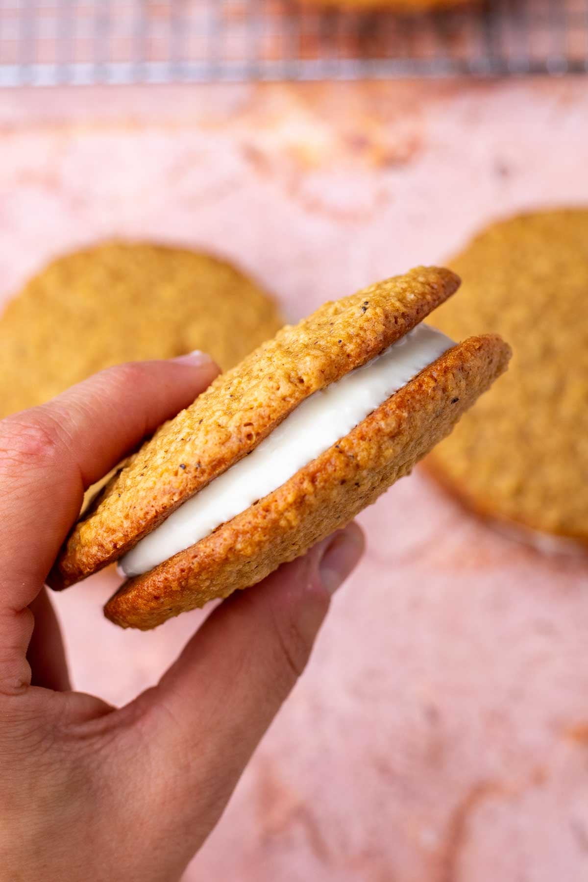 Hand holding a sourdough oatmeal cream pie.