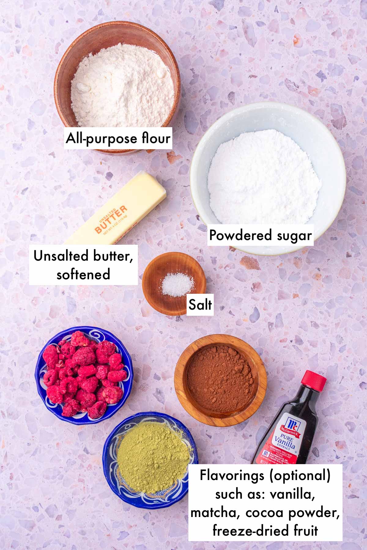 Ingredients needed for sourdough conchas streusel topping including all-purpose flour, powdered sugar, butter, salt, and flavorings of your choice.