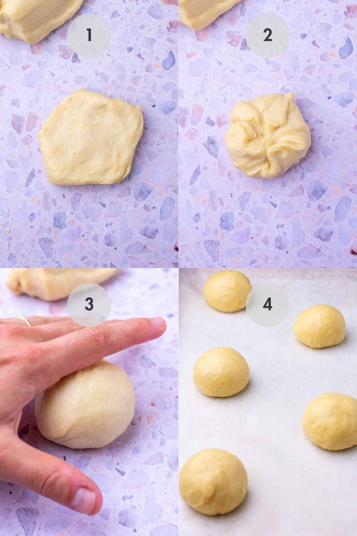 Four images showing how to shape sourdough concha balls with hands.