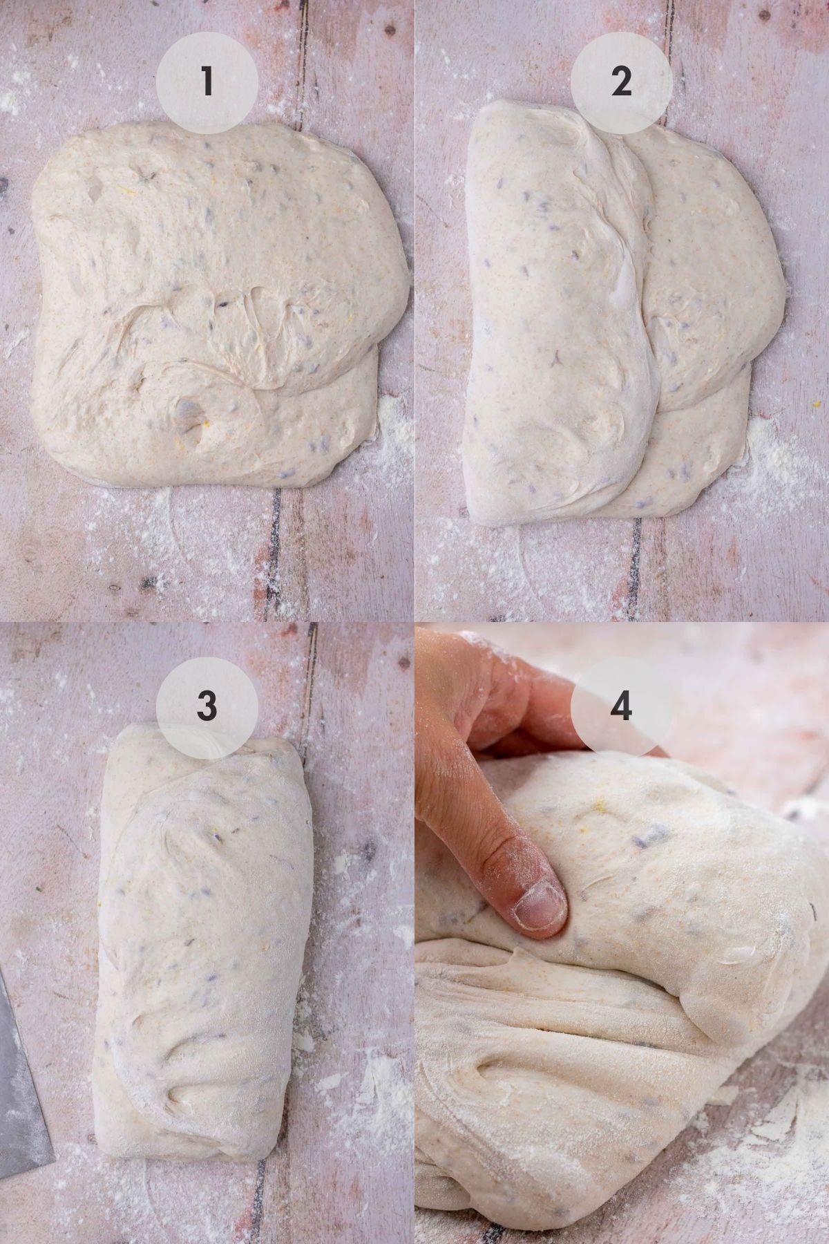 Collage of four photos shaping lavender sourdough bread.
