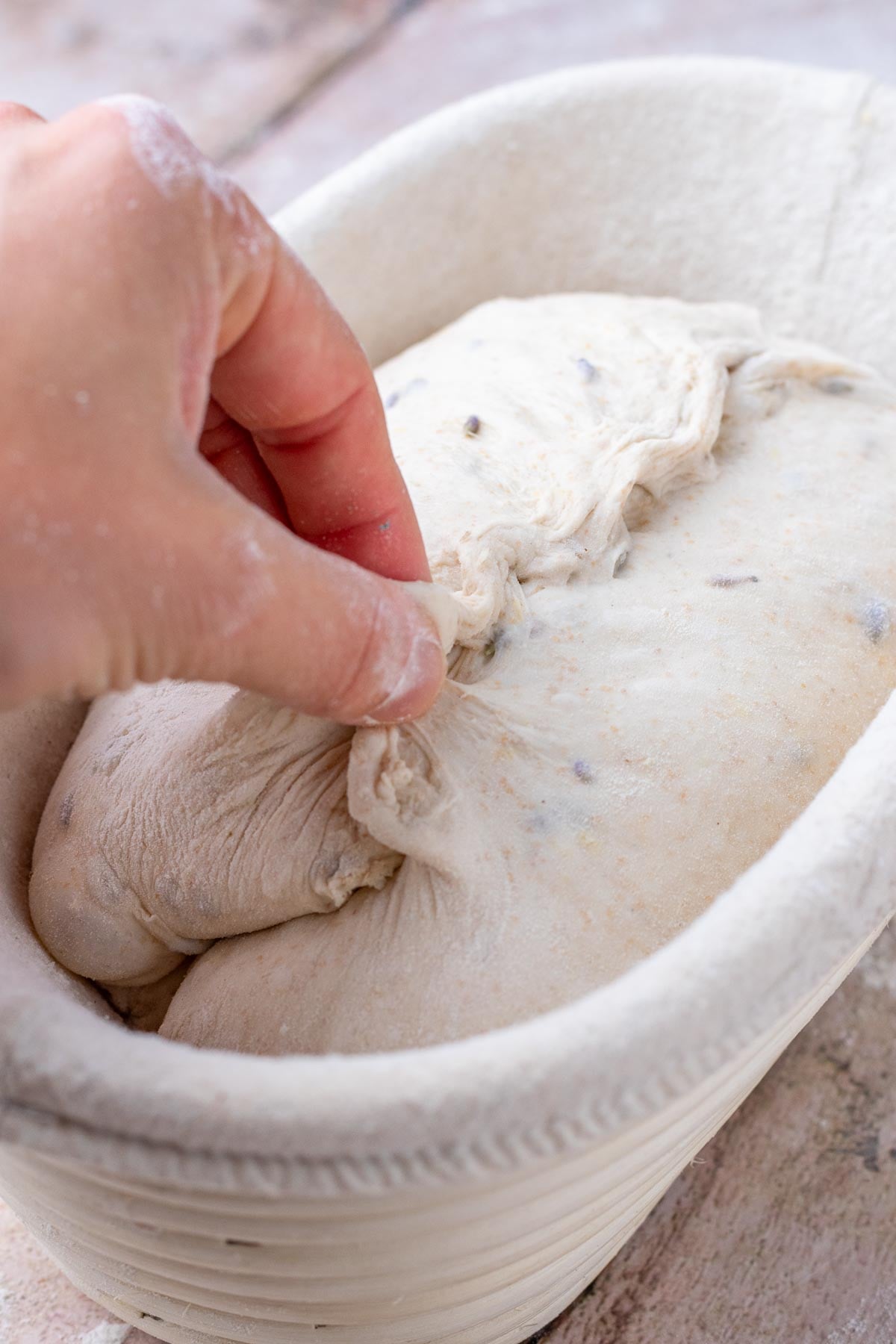 Hand stitching dough in banneton.