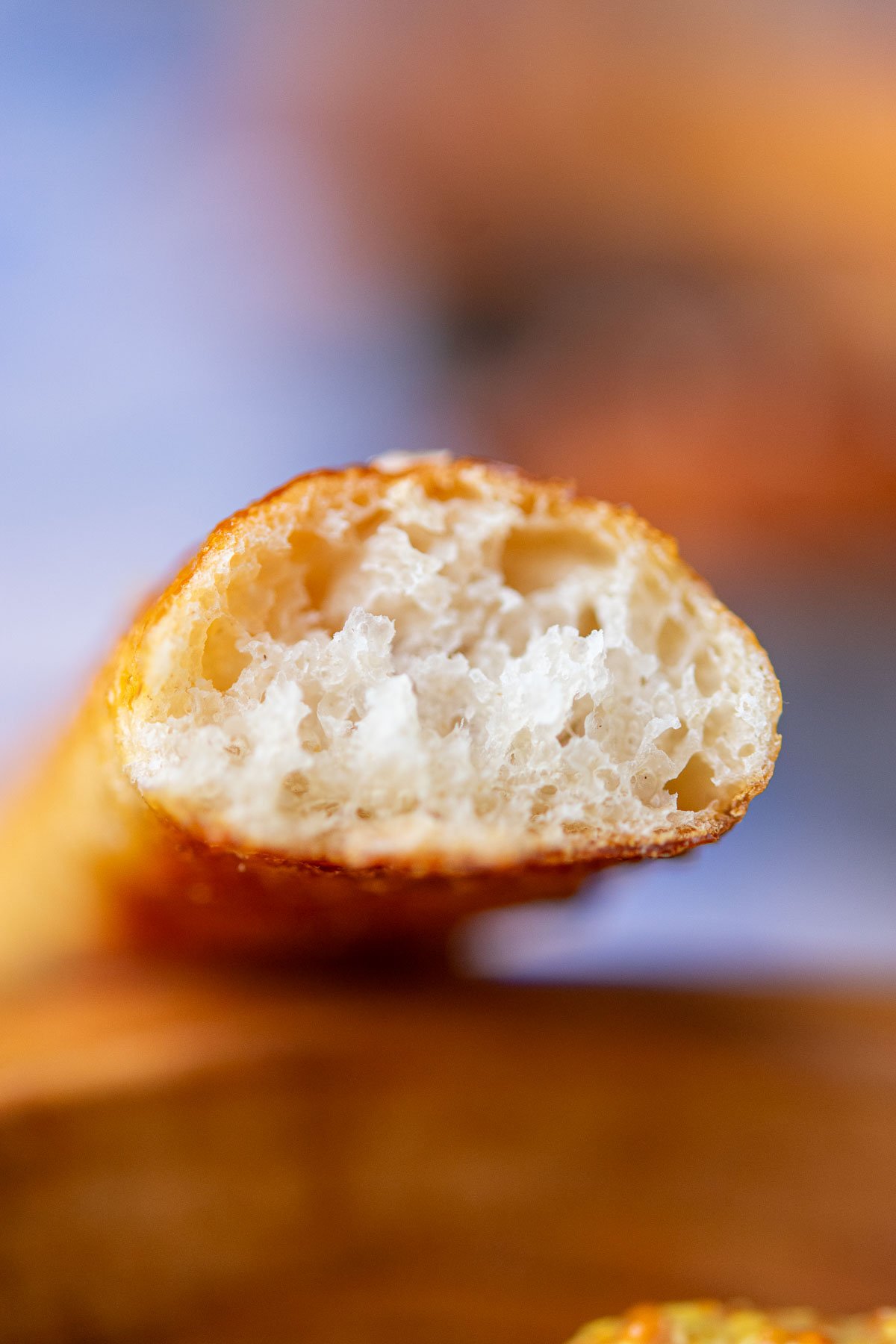 Up close interior of a broken hard
sourdough pretzel rod.