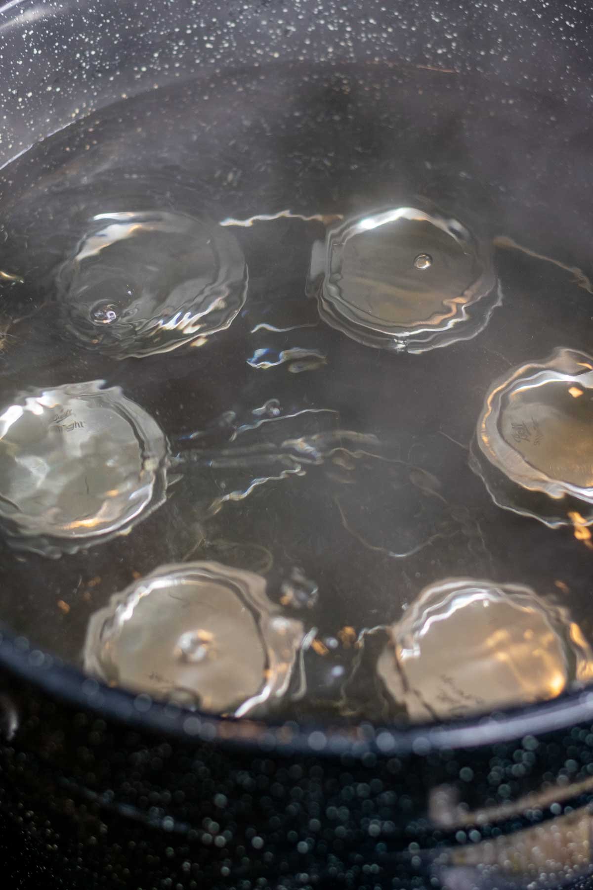Jam canning jars in boiling water bath.