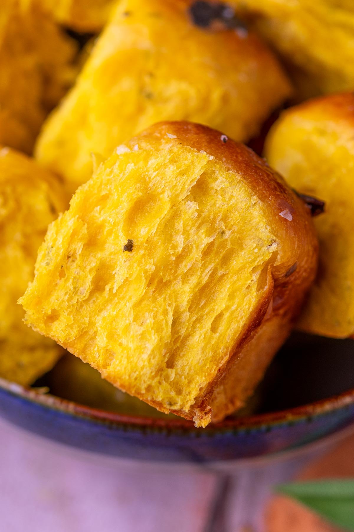 Close up of sourdough sweet potato dinner rolls.