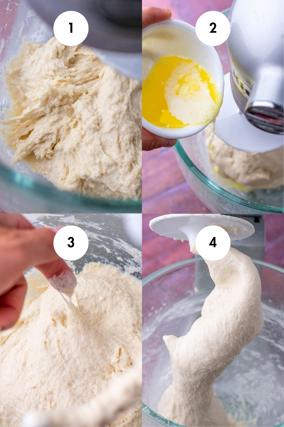 Collage of mixing sourdough breadsticks in stand mixer.