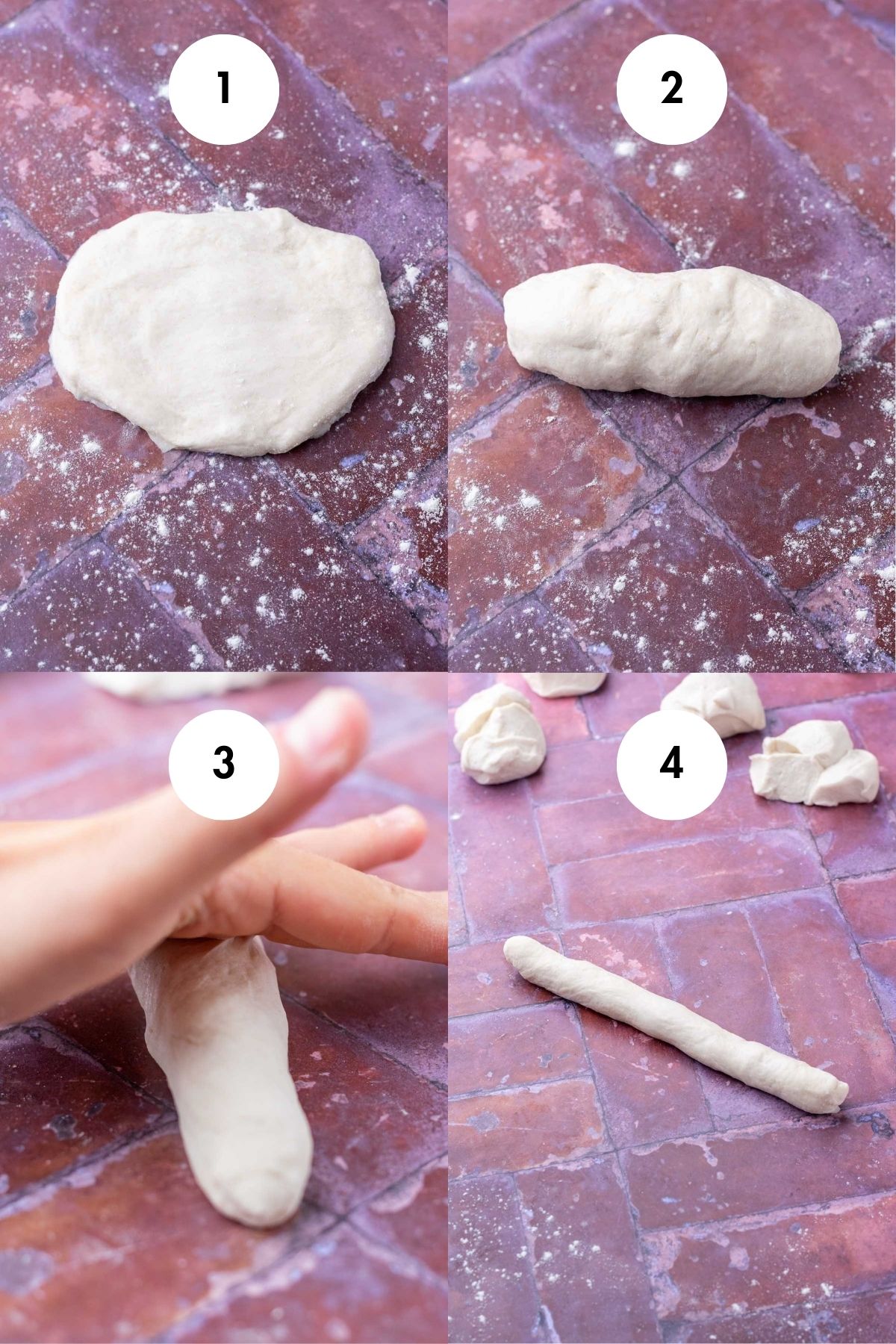 Collage of shaping sourdough breadsticks into logs.