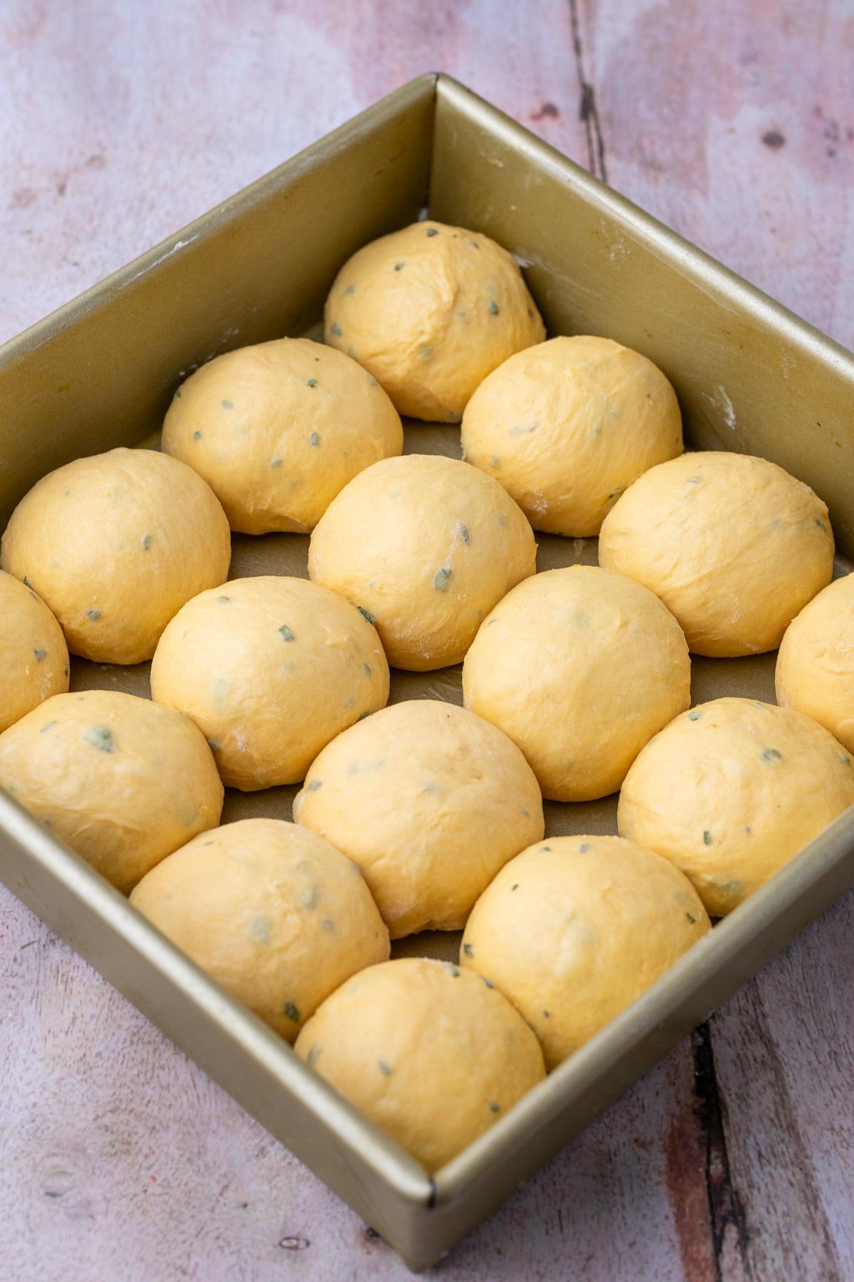 Sourdough sweet potato dinner rolls in pan at the start of final proof.